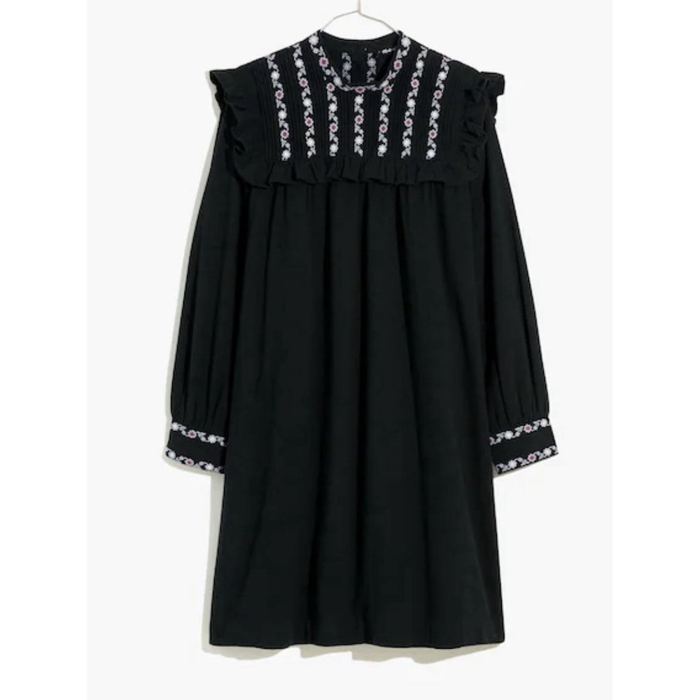 Madewell Embroidered Bib Ruffle Mini Dress Sz Medium Black Prairie Peasant Boho